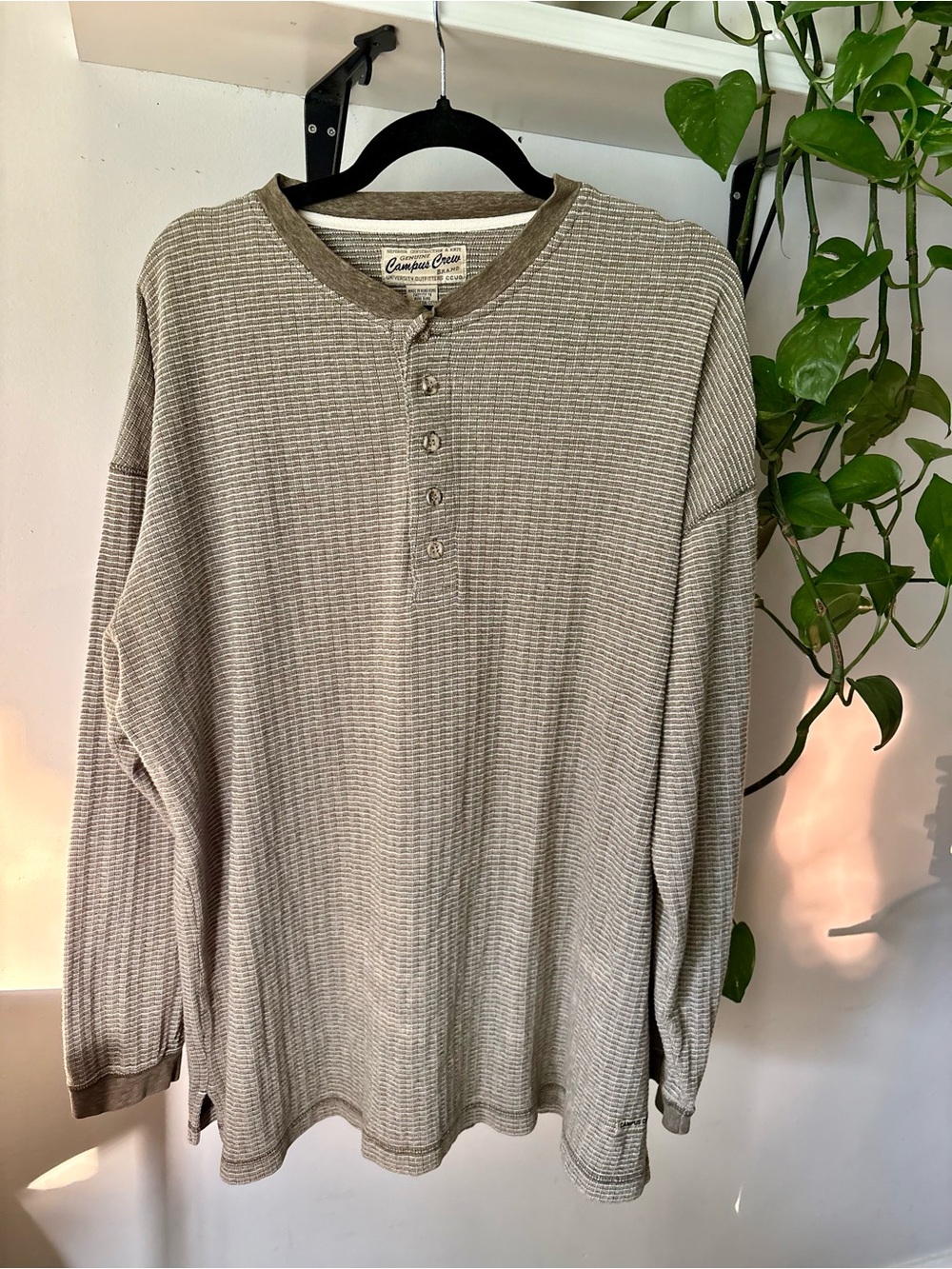 Campus Crew Waffle Henley Long Sleeve - Taupe Stripe